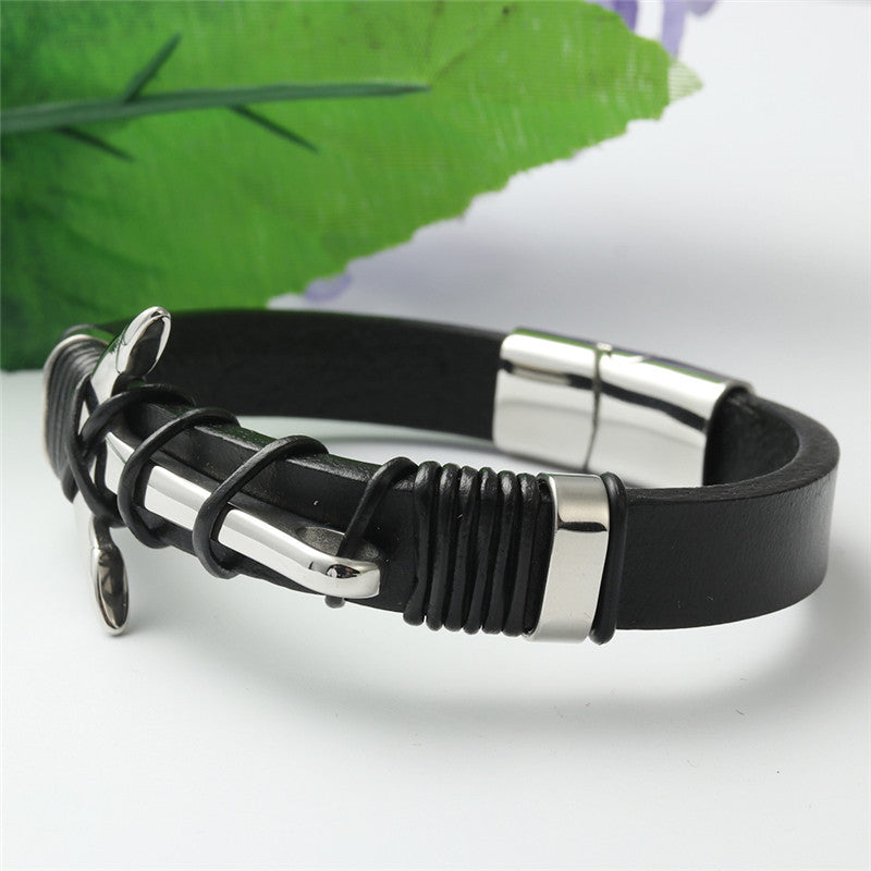 Titanium Steel Nautical Hook Leather Bracelet for Men – Edgy Woven Design