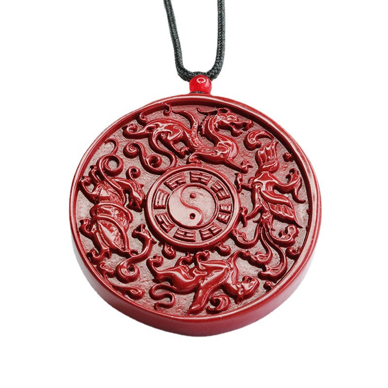 Cinnabar Pendant Purple Gold Sand Four Divine Beasts Round Pendant