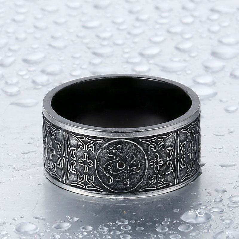 Custom Black Titanium Steel Men's Ring - Ethnic Design of the Four Divine Beasts