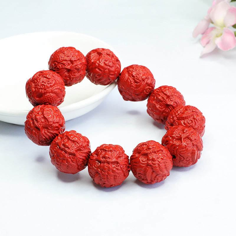 Dragon Head Red Cinnabar Bracelet with Sterling Silver Beads