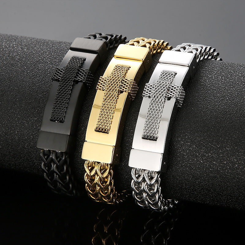 Trendy Woven Cross Stainless Steel Bracelet for Men - Hip-Hop Style with Rock Vacuum Plating