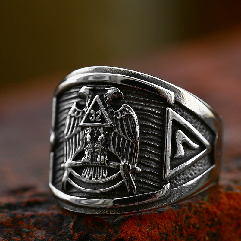 Vintage-Inspired Double Eagle Titanium Steel Freemason Ring for Men – Cross-Border Foreign Trade Stainless Steel Design