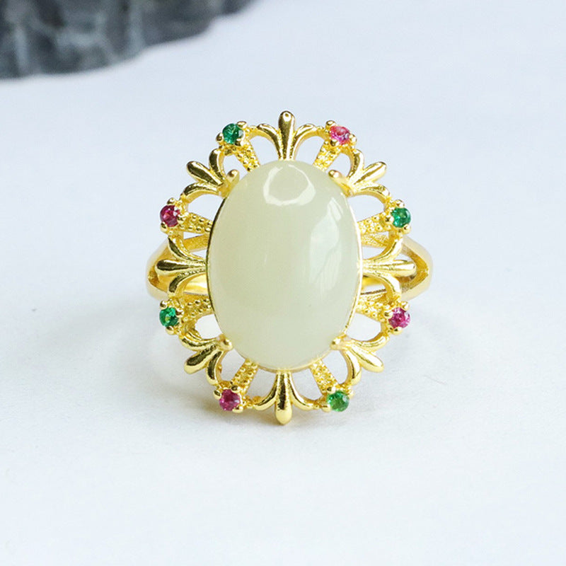 Pigeon Eggs Hetian Jade Zircon Ring - Vintage Hollow Design