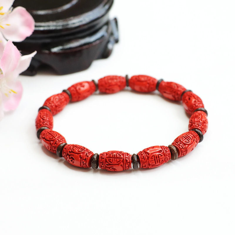 Red Sand Carved Bucket Bead Bracelet with Sterling Silver Needle