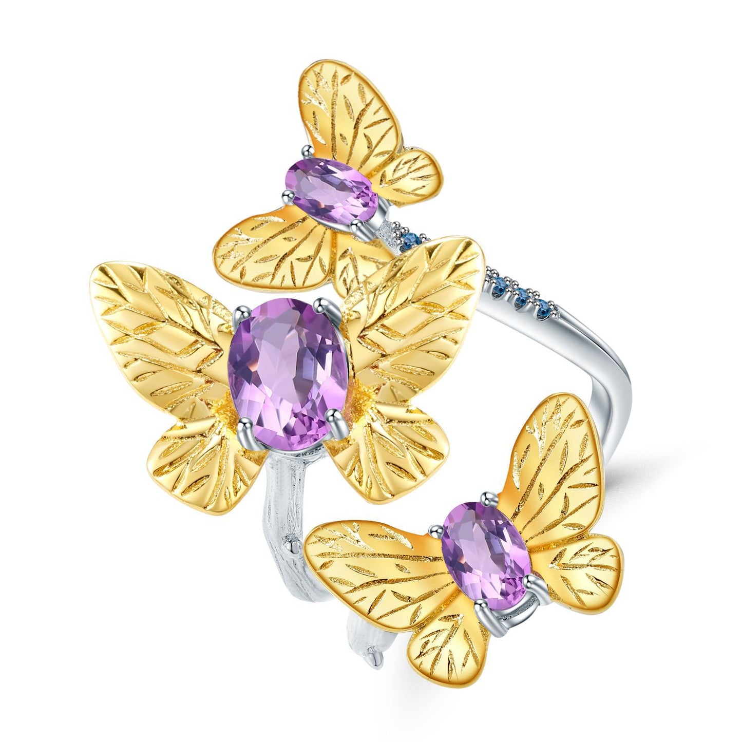 Flying Golden Butterfly Natural Gemstones Opening Silver Ring.