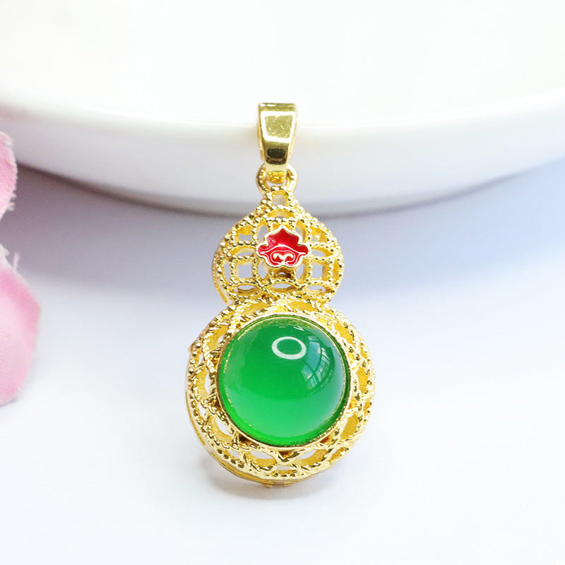 Emperor Green Chalcedony Gourd Pendant with Sterling Silver Ethnic Charm