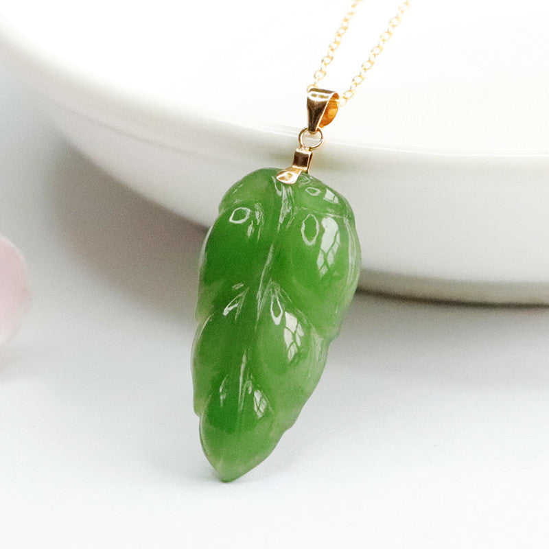 Jade Leaf Pendant Necklace in Russian Green Hotan Jade