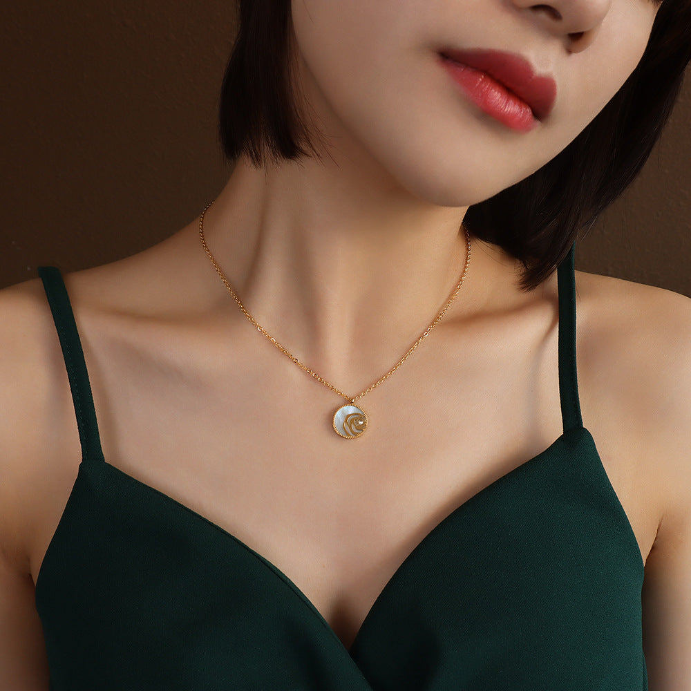 French Retro Rose Shell Zircon Pendant Necklace - 18K Gold-Plated Titanium Steel Jewelry