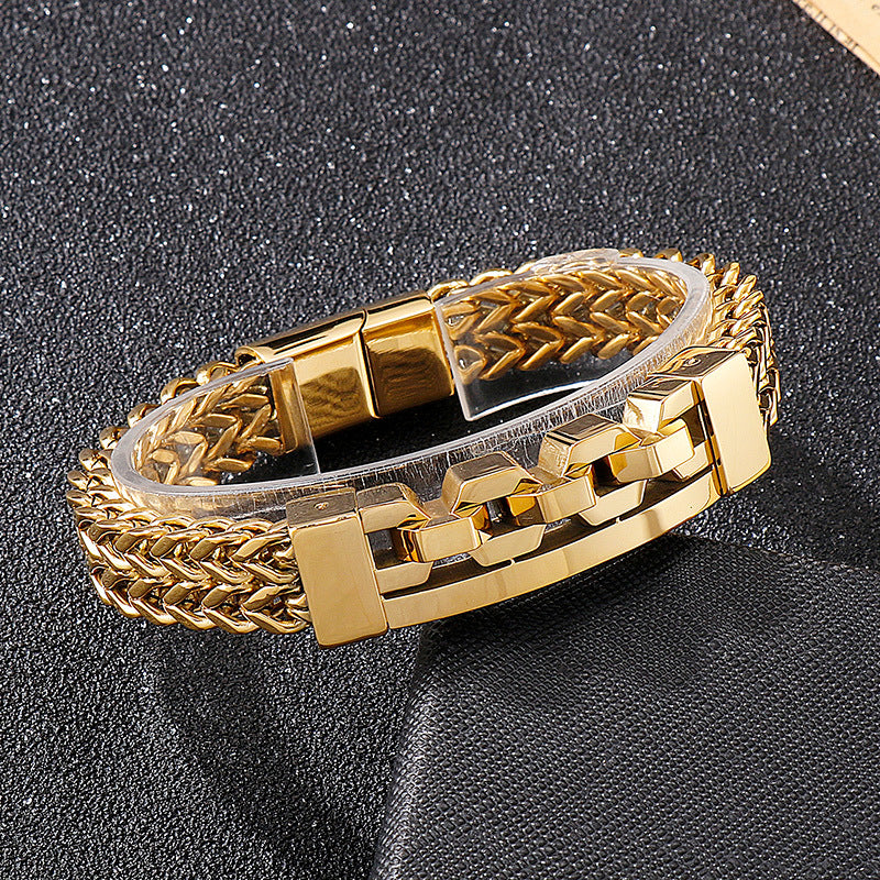 Trendy European-American Square Hollow Titanium Steel Bracelet for Men