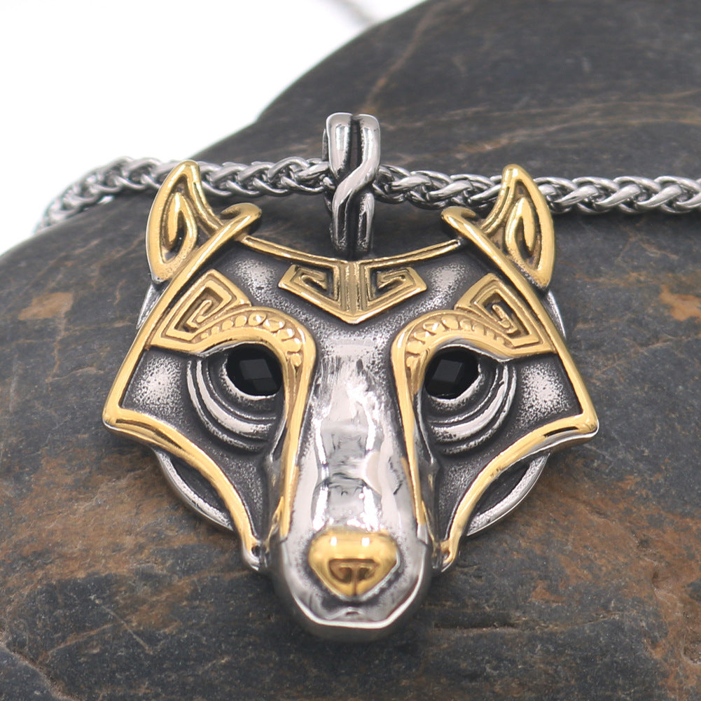 Viking Odin Wolf Head Titanium Steel Pendant Necklace for Men