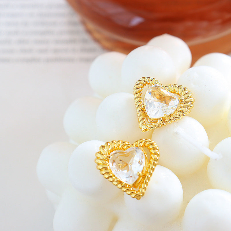 Peach Heart Love Earrings Set: Elegant French Style Zircon Brass Earrings