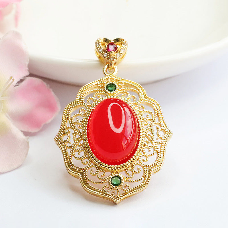 Natural Red Agate Chalcedony Hollow Auspicious Cloud Pendant Retro