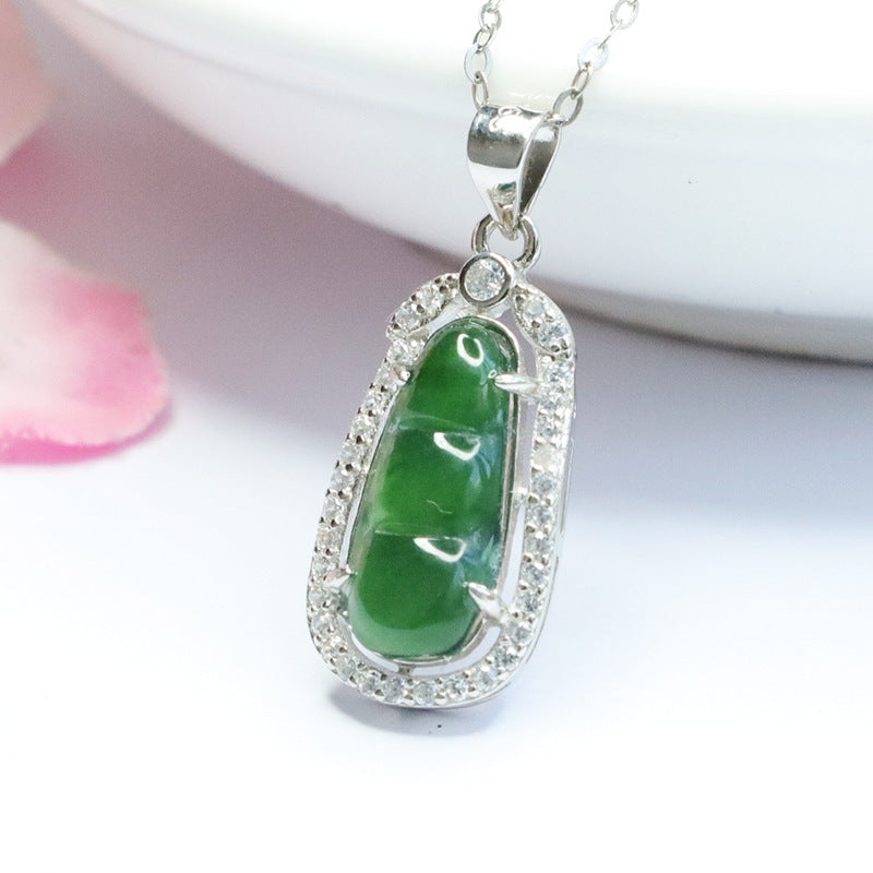 Green Jade Bean Pendant Necklace in Sterling Silver