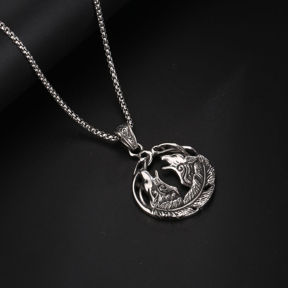 Custom Retro Twin Wolf Pendant Necklace in Vintage Titanium Steel for Men