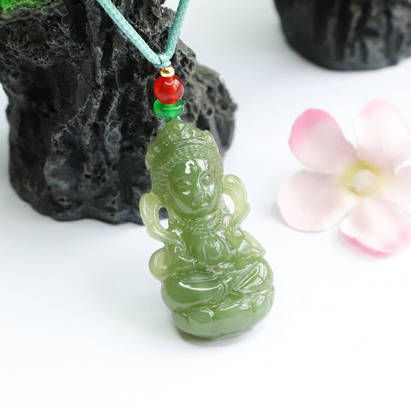 Green Lake Guanyin Jade Pendant with Sterling Silver Needle - Fortune's Favor Collection