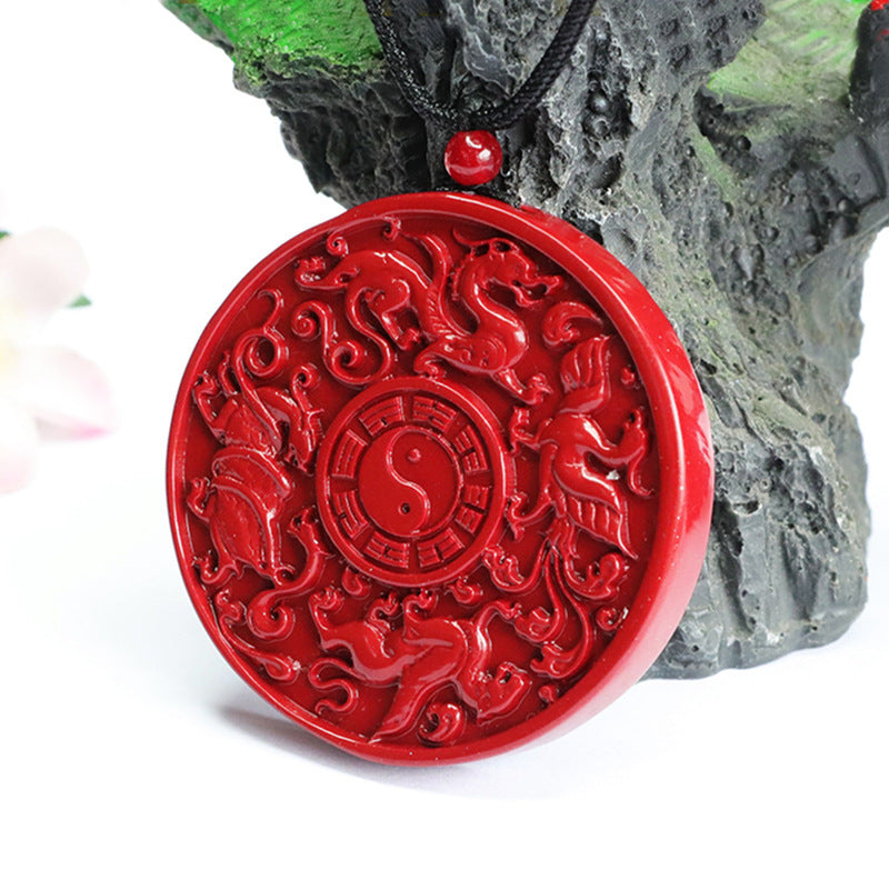 Cinnabar Pendant Purple Gold Sand Four Divine Beasts Round Pendant