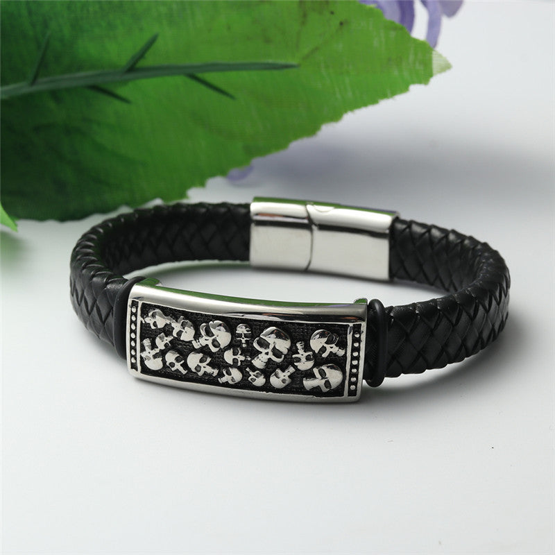 Men's Personalized Punk Titanium Steel Skull Leather Bracelet - Braided Design