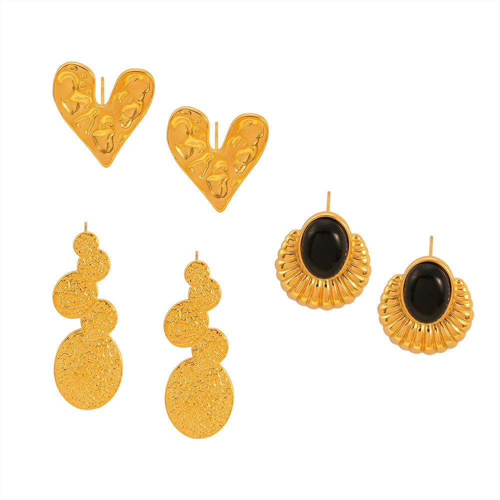 Exaggerated Personality Love Earrings with Black Agate & 18K Gold Plating