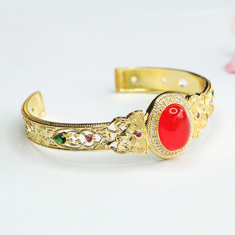 Butterfly Golden Bracelet with Red Agate and Chalcedony