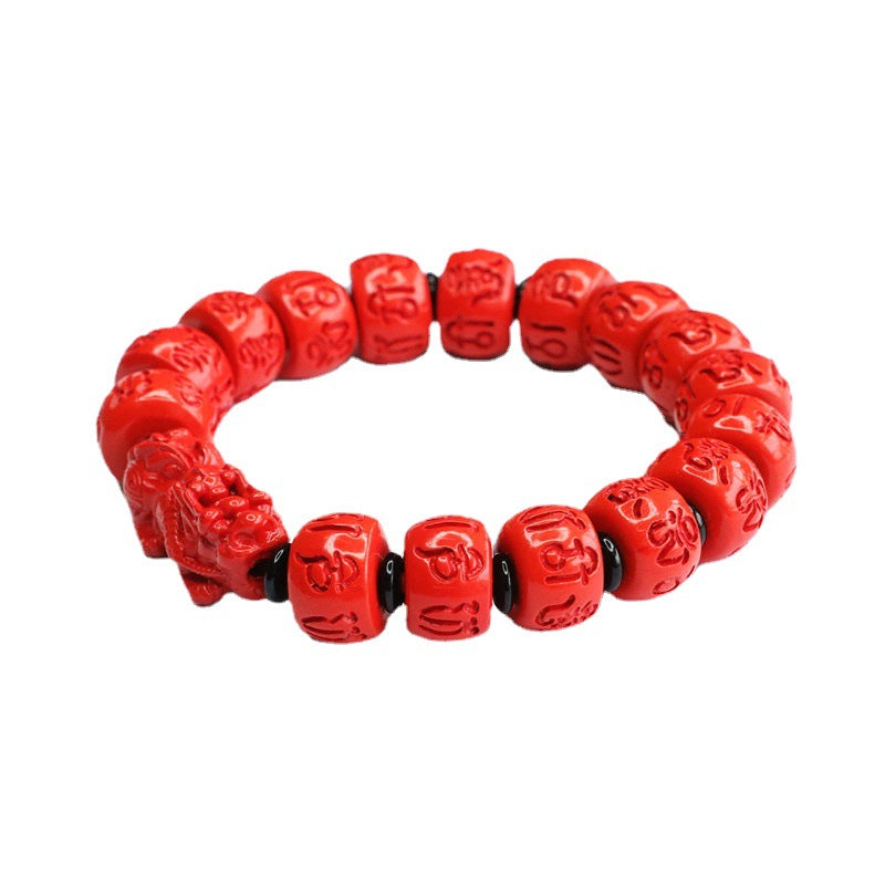 Red Sand Pixiu Cinnabar Bracelet with Six-character Proverb