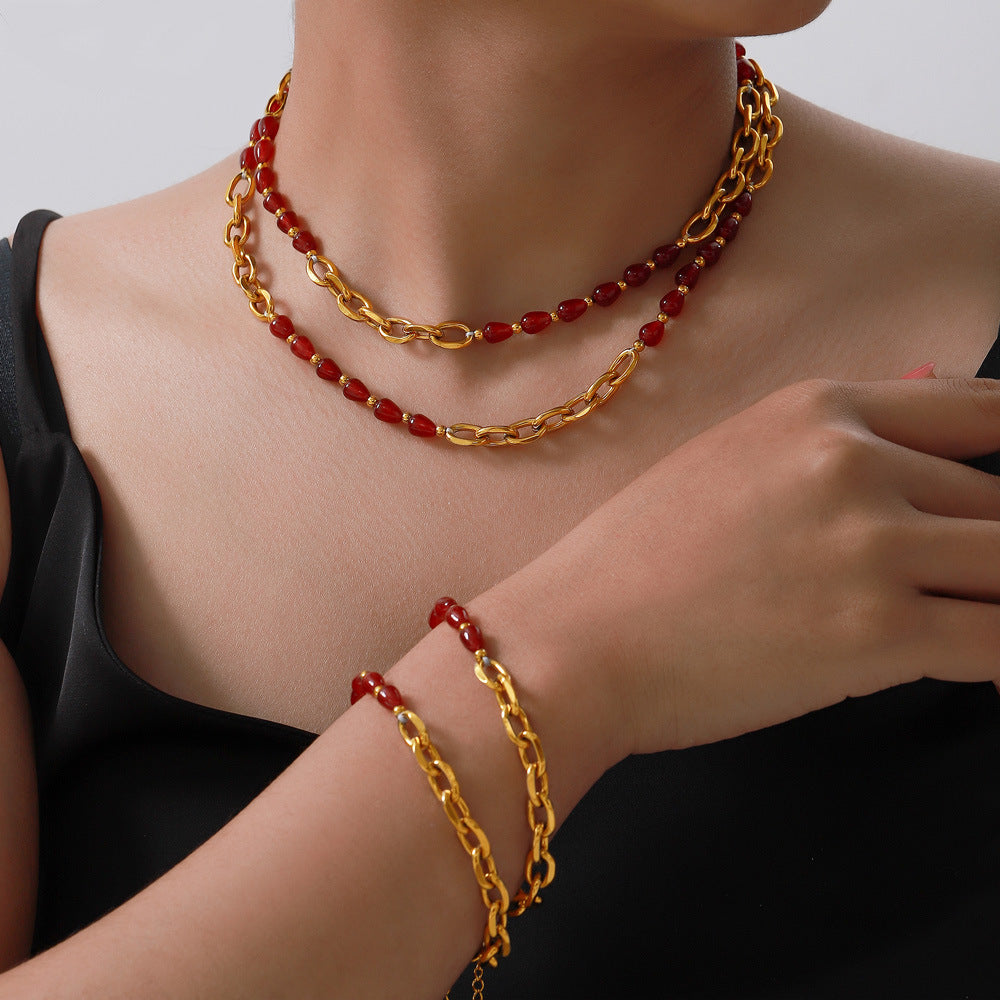 Elegant Chinese Red Agate and Garnet Jewelry Set with Titanium Steel Gold-Plating