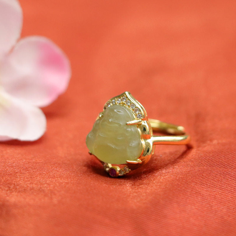 Exquisite Hetian Jade Buddha Ring with Sterling Silver