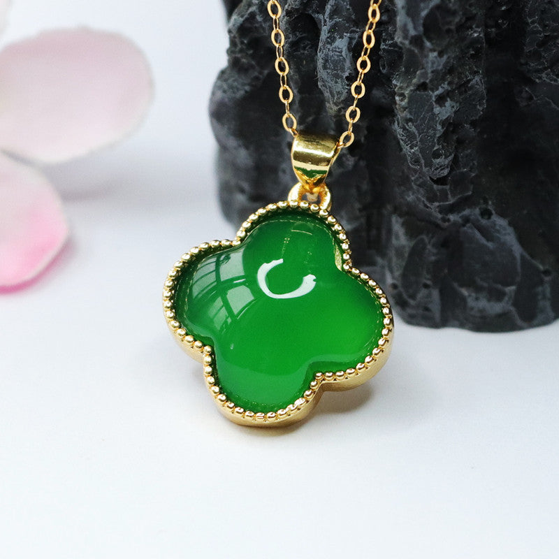 Green Chalcedony Four-leaf Clover Pendant Golden Neckalce Jewelry