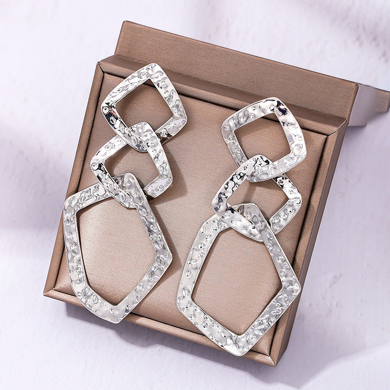 Exaggerated Retro Diamond Earrings in Irregular Geometric Design