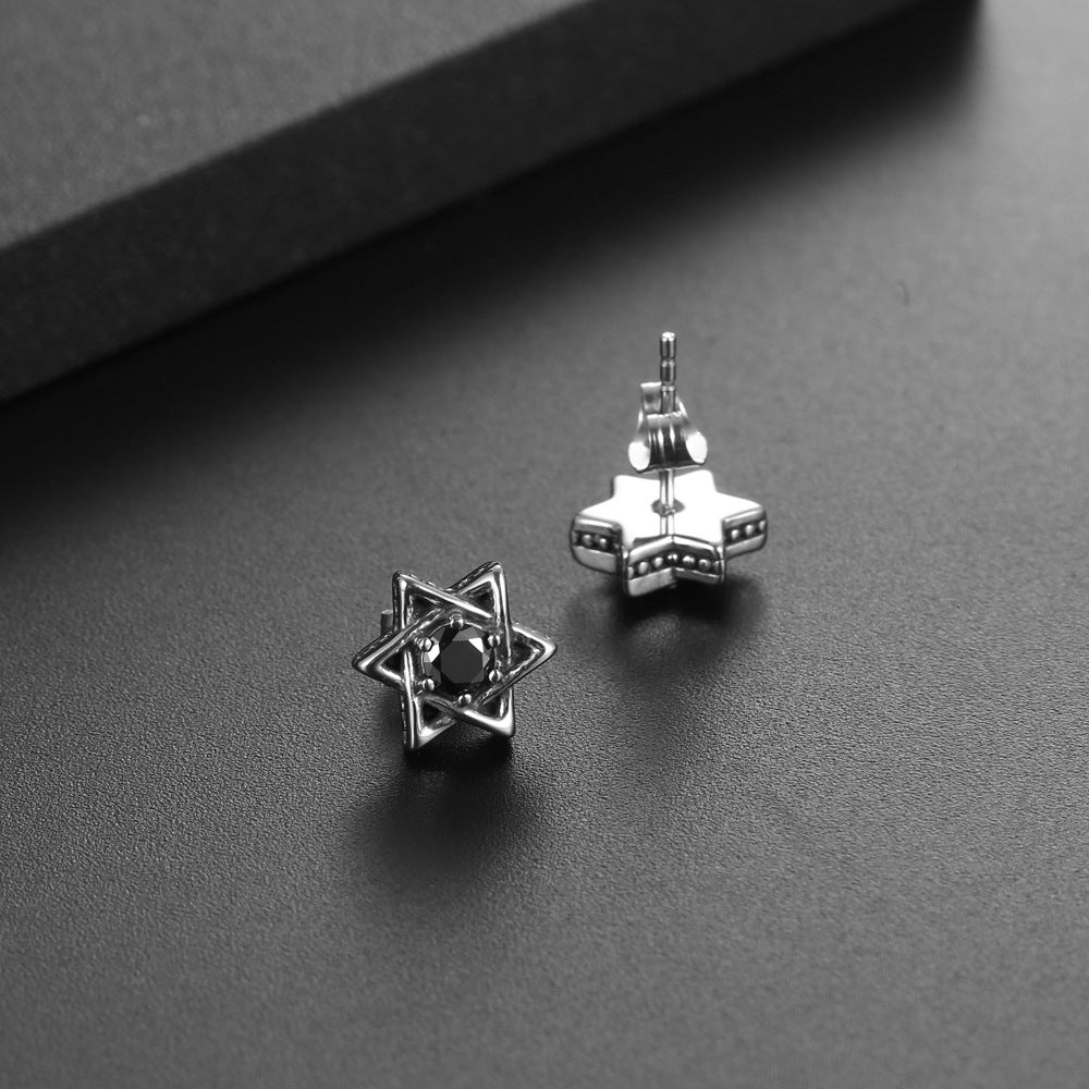 Retro-Inspired Titanium Steel Hexagram Earrings with Zircon Inlay for Men