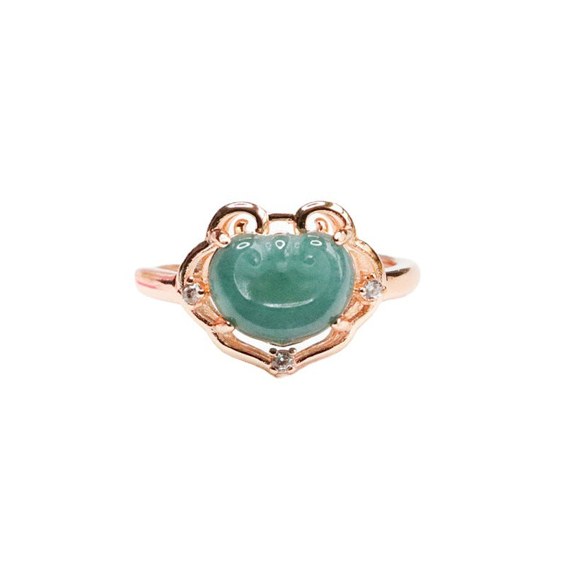 Green Jadeite Sterling Silver Ruyi Ring - Adjustable Hollow Jewelry Piece