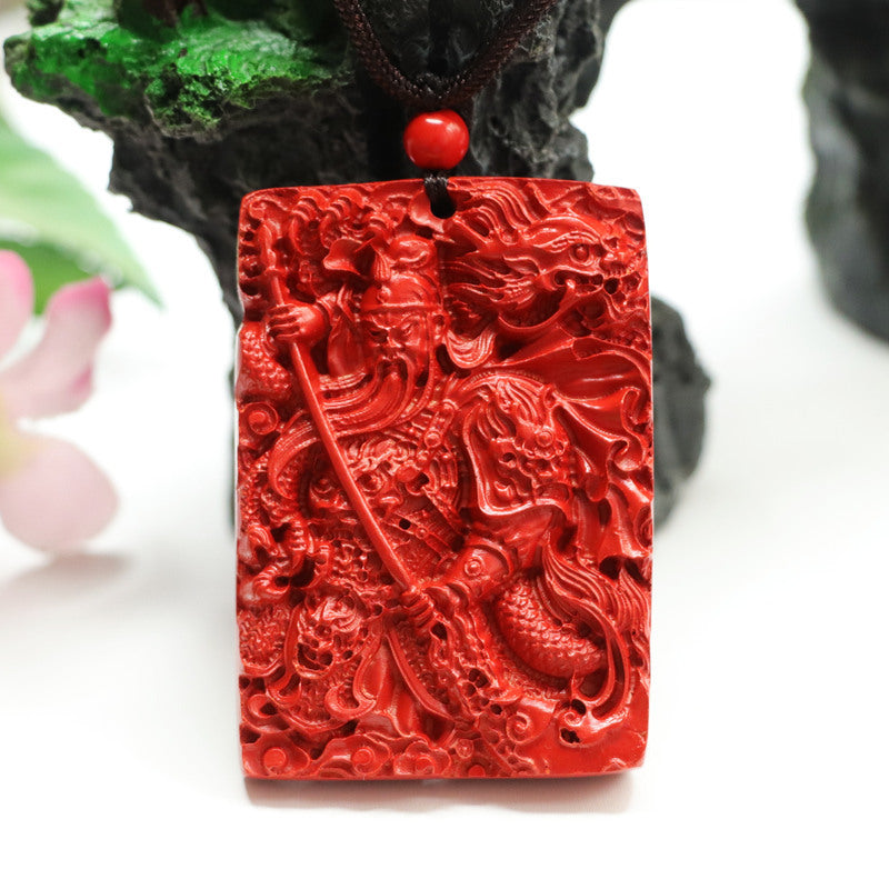 Guan Yu Pendant with Cinnabar Stone Detail