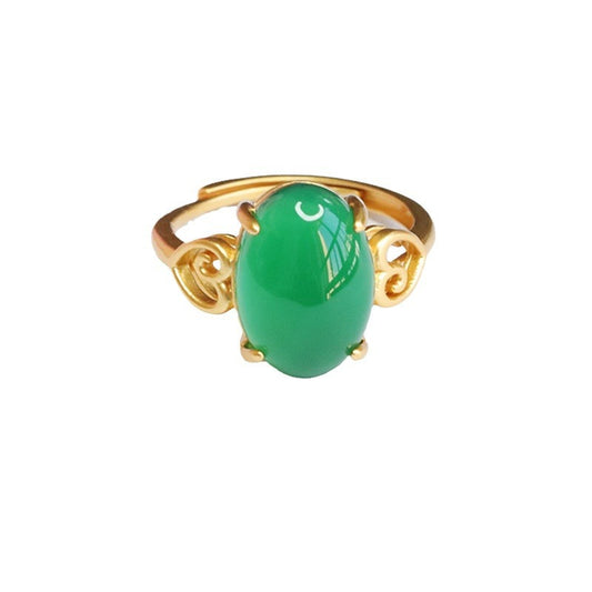 Green Chalcedony Sterling Silver Retro Hollow Ring