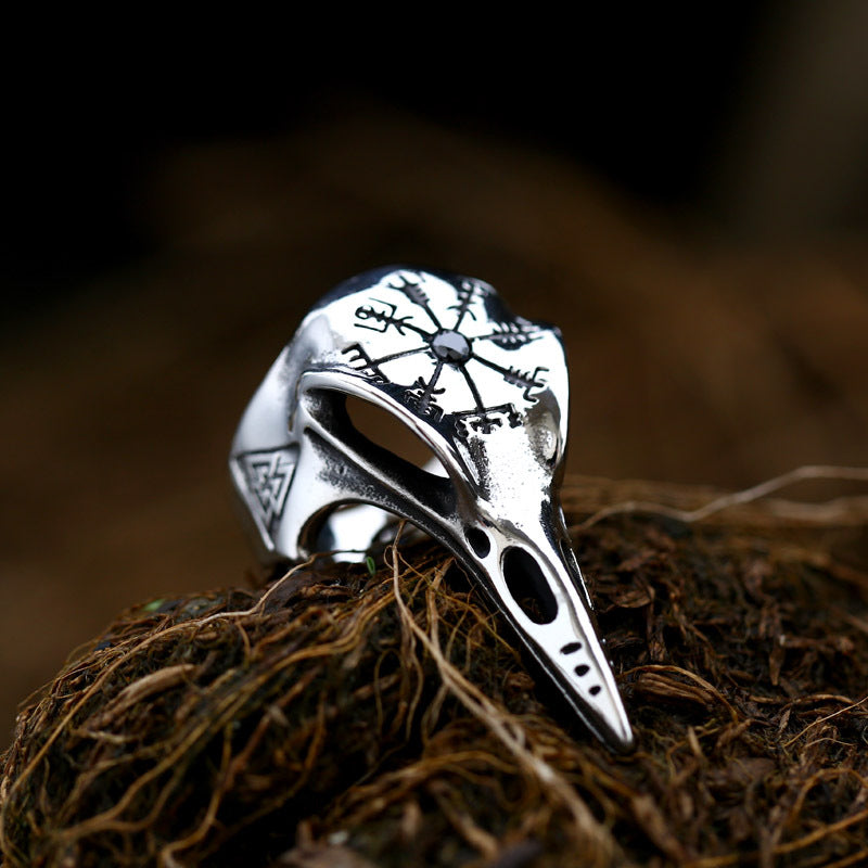 Viking Raven Gemstone-Inlaid Titanium Steel Men's Ring - Retro Compass Design for Everyday Wear