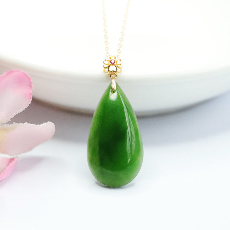 Fortune's Favor Hetian Jade Water Drop Four Leaf Clover Necklace