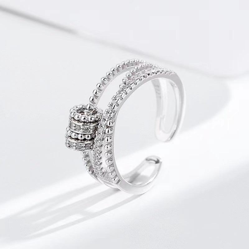 Rotatable Beads Design Zircon Three Layered Opening Sterling Silver Ring