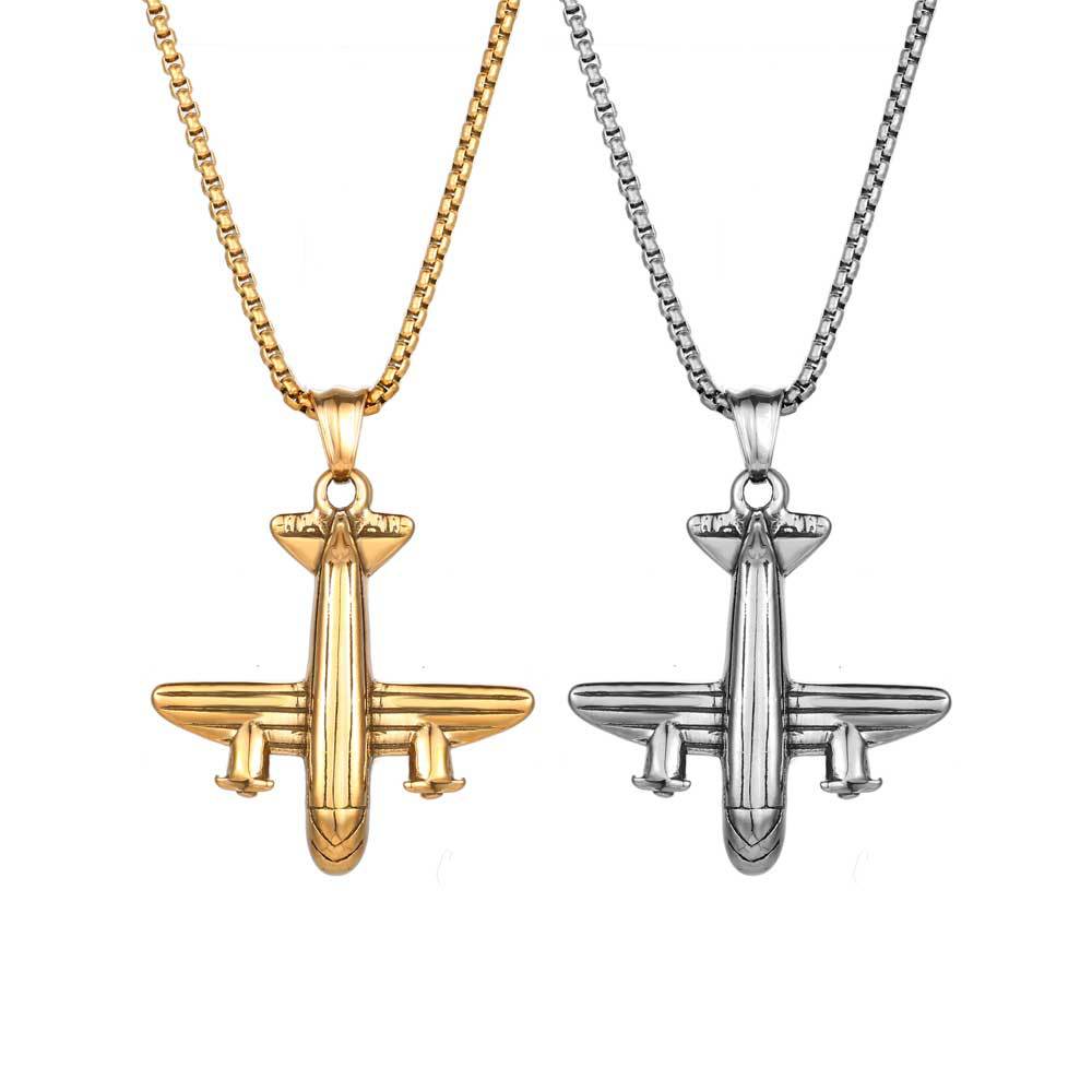 Personalized Aircraft Pendant Necklace - Trendy Two-Tone Stainless Steel Chain for Hip-Hop Lovers