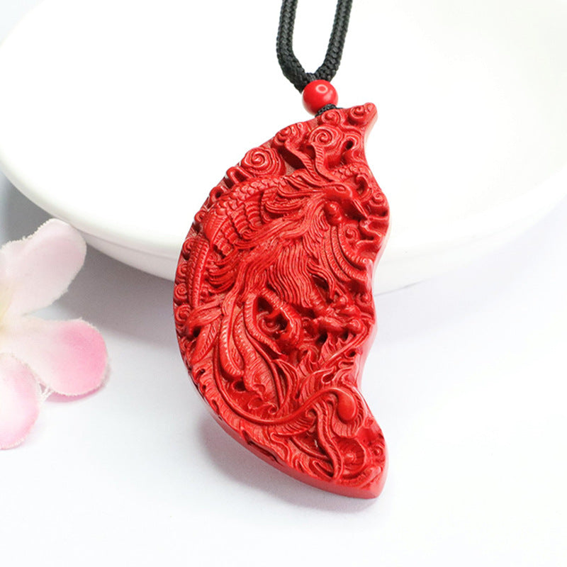 Dragon and Phoenix Sterling Silver Cinnabar Pendant