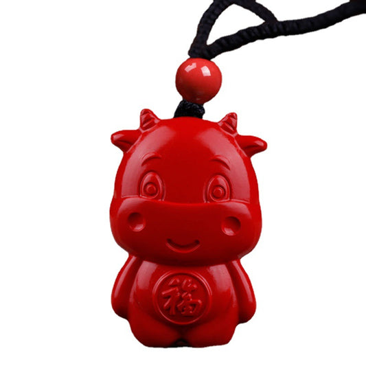 Cinnabar Red Sand Blessing Bull Pendant with Cinnabar Stone