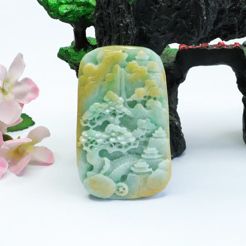 Landscape Jade Pendant Featuring High-Quality Yellow and Green Carving