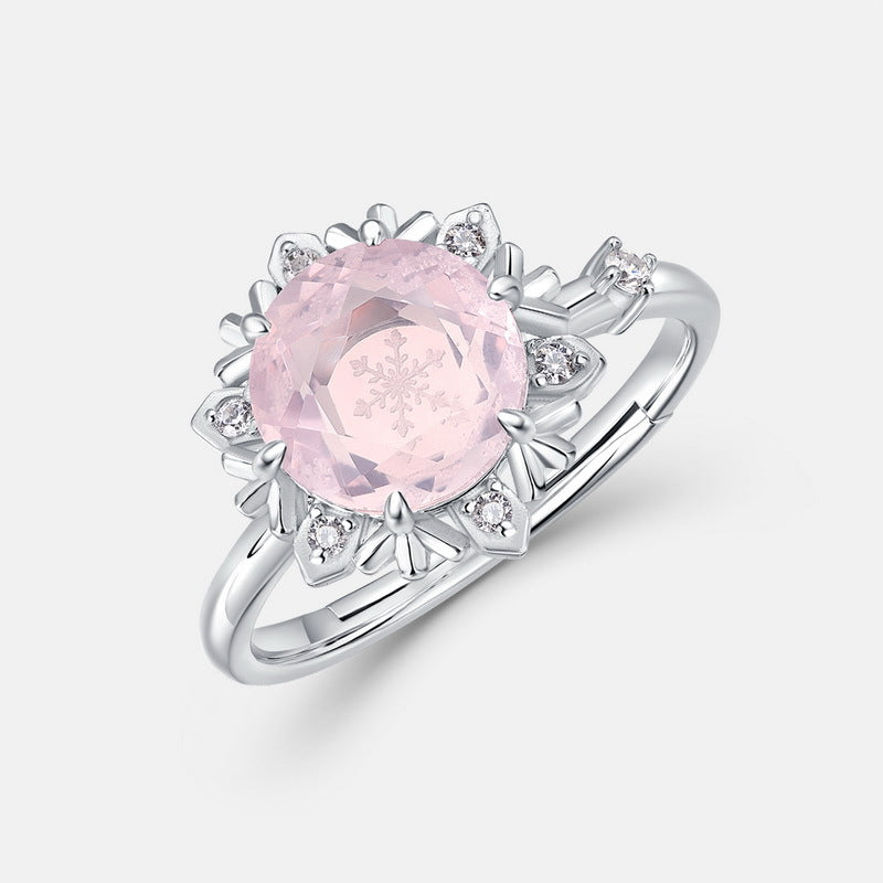 Christmas Winter Snowflake Round Pink Crystal Opening Sterling Silver Ring