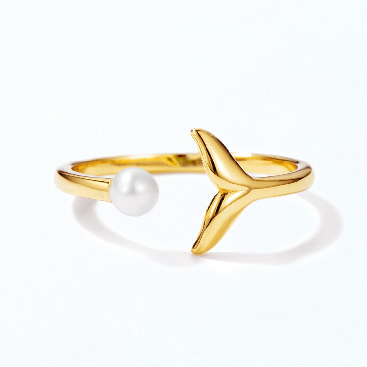 Mermaid Tail Round Pearl Opening Sterling Silver Ring