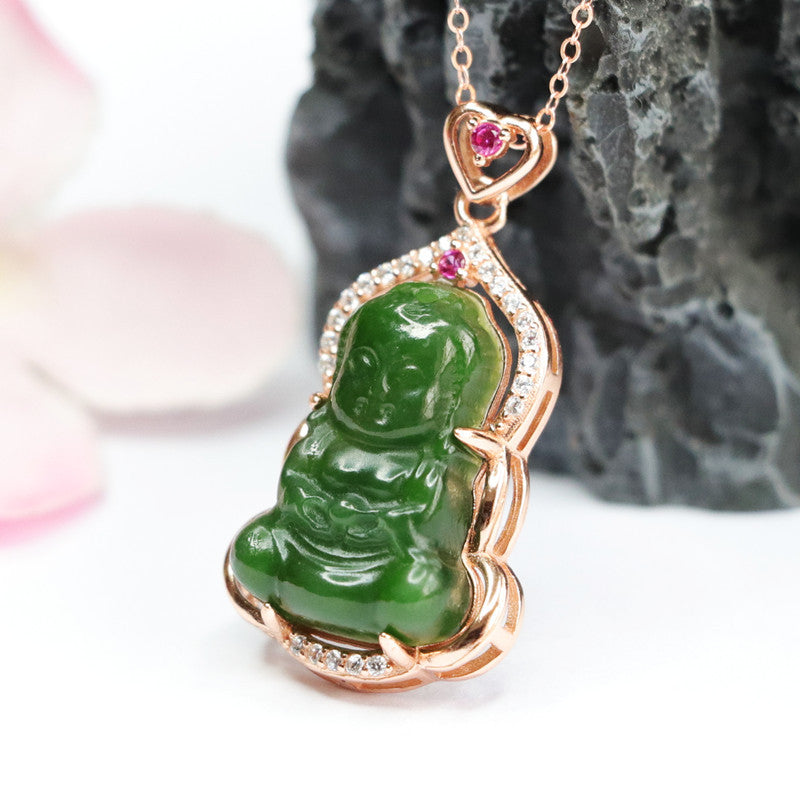 Sterling Silver Baby Buddha Necklace with Natural Hotan Jade Jasper