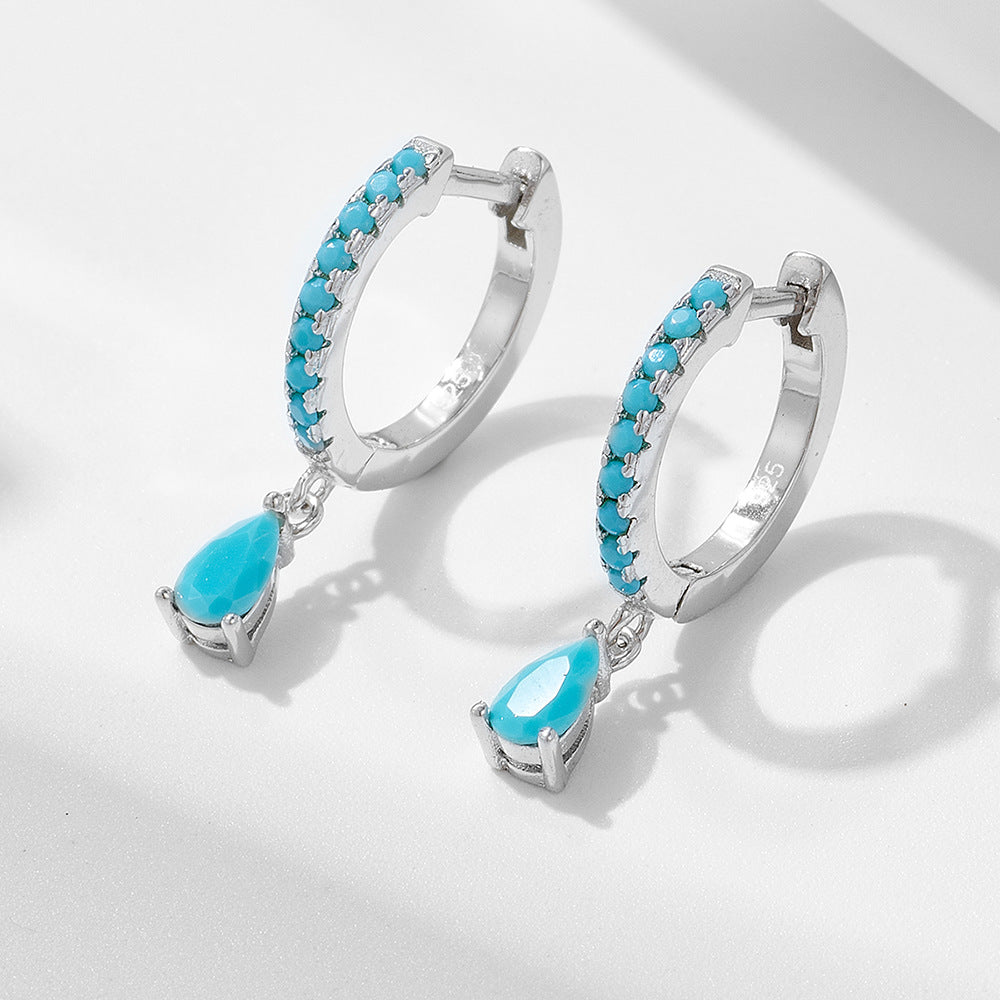 Water Drop Turquoise Silver Hoop Earrings