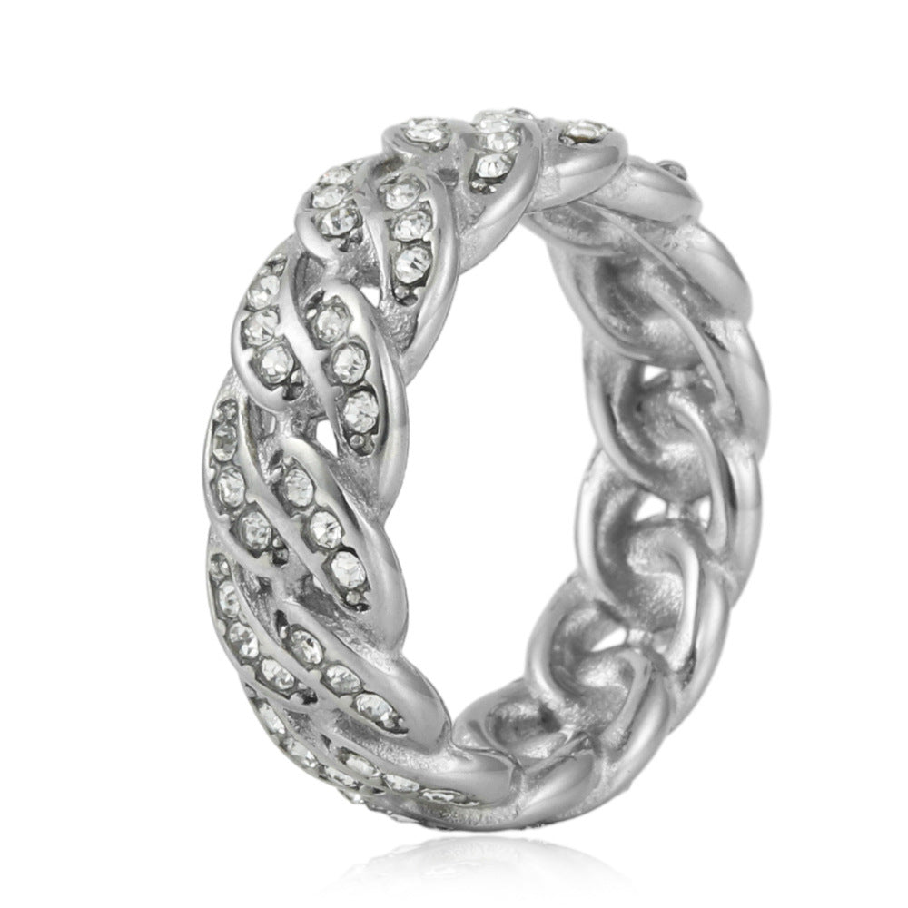 Trendy Titanium Steel Woven Chain Ring for Men and Women - Punk Retro Multi-Zircon Design