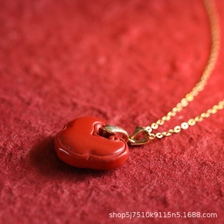 Vibrant Vermilion Sand Ruyi Pendant and Golden Necklace