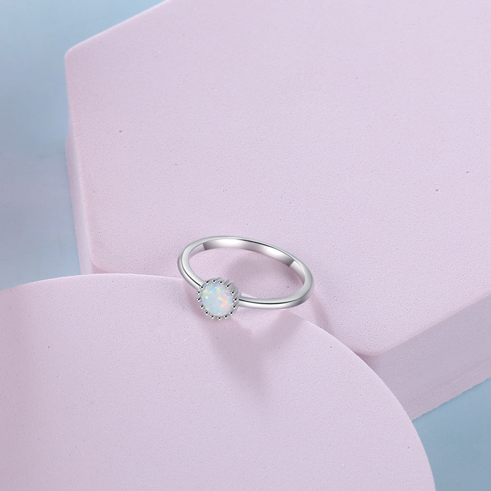 Circular Prongs Round Opal Sterling Silver Ring