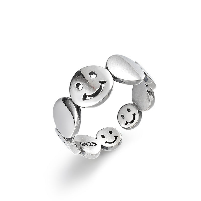 Row of Smiley Face Disc Opening Sterling Silver Ring