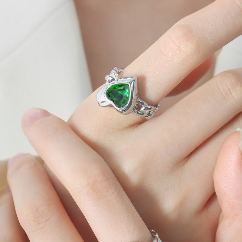 Elegant Purple Zircon and Green Crystal Heart Ring - Premium Titanium Steel Jewelry