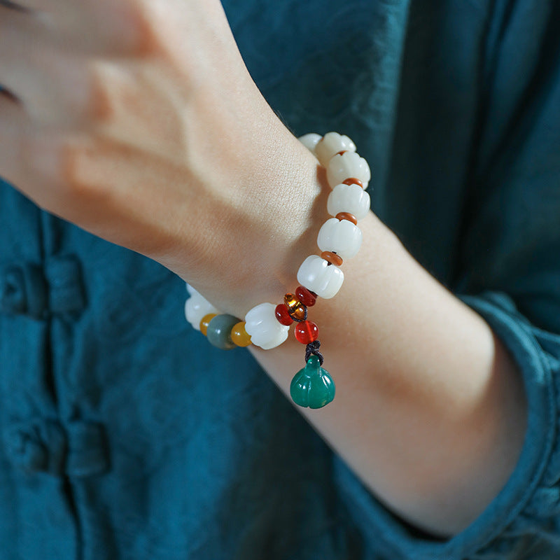 Bodhi Pumpkin Bead and White Jade Bracelet with Sterling Silver Accent - Unisex Zen Accessory