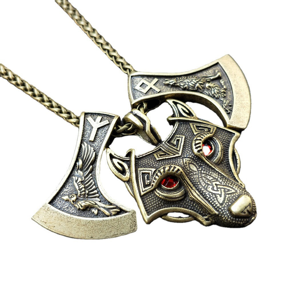 Nordic Myth Wolf Head and Axe Necklace - Norse Legacy Collection